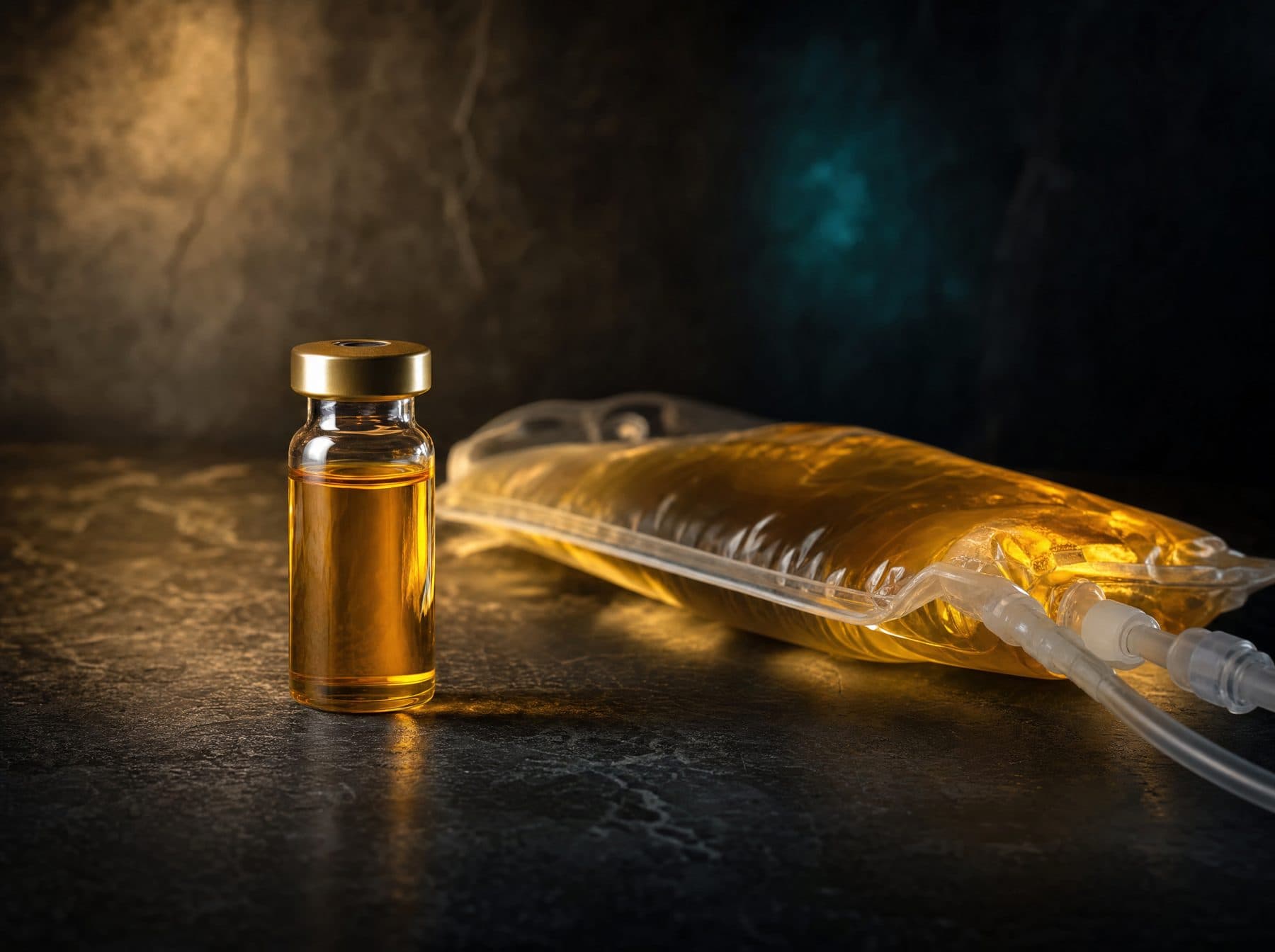 Golden curcumin vial beside an IV bag on a dark stone counter