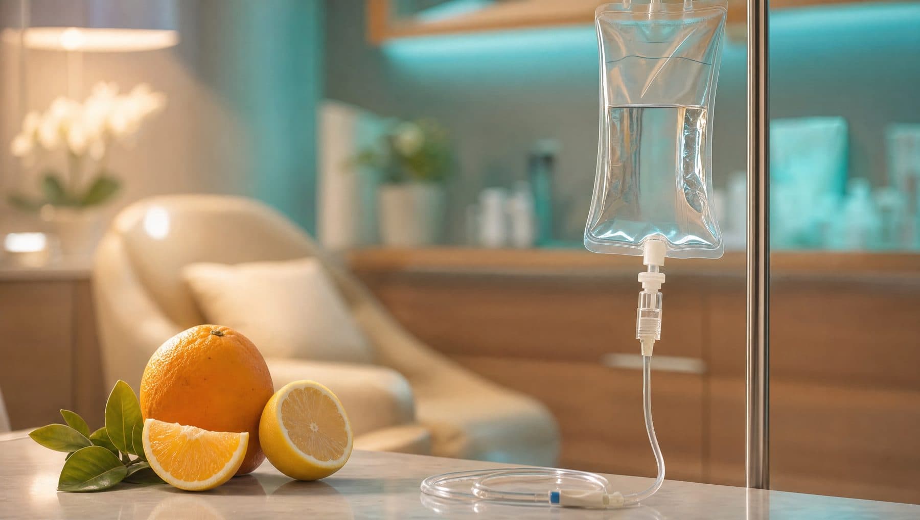 IV drip bag beside fresh citrus in a softly lit treatment room