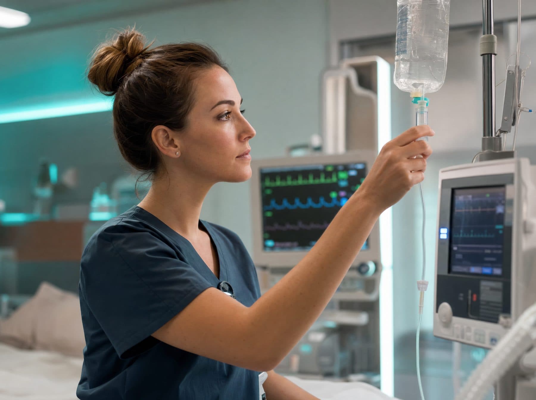 Nurse adjusting an IV drip while watching a vital signs monitor