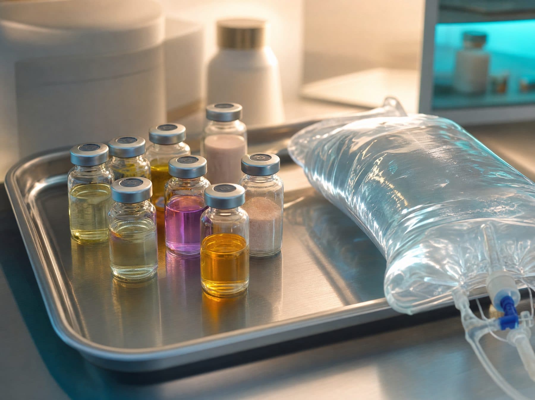 Vitamin and mineral vials arranged beside an IV bag on a tray