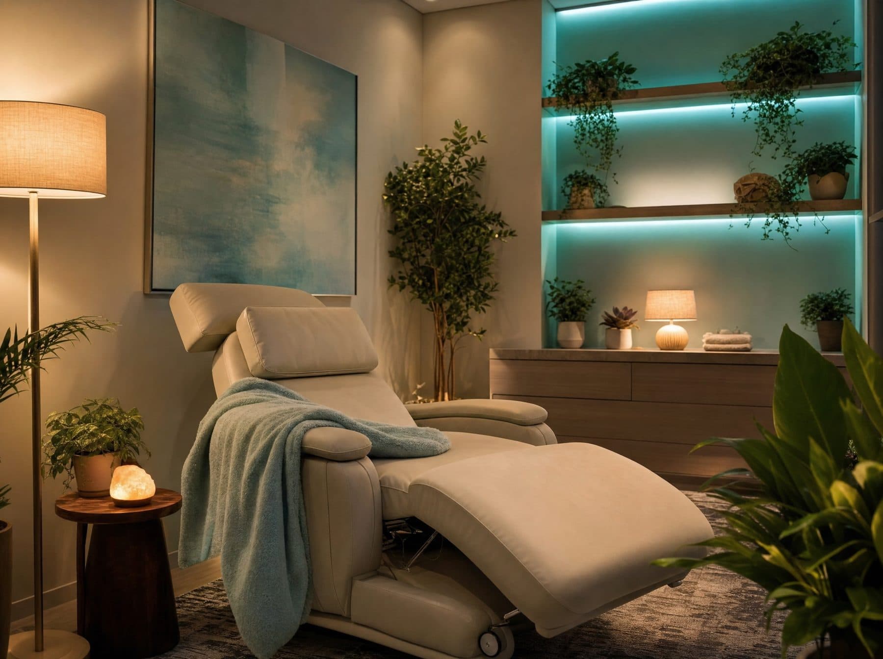 A serene private treatment room with a recliner, soft blanket, and plants