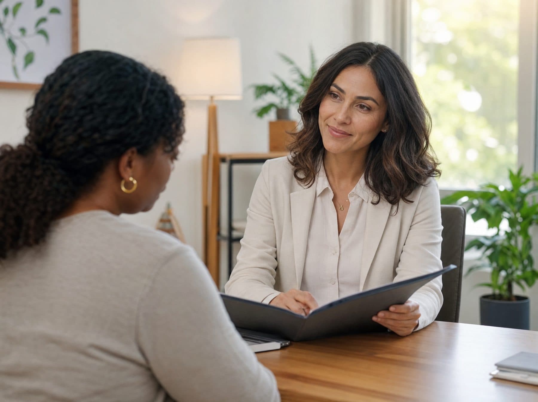 Clinician reviewing a care plan with a client at a warm wooden desk