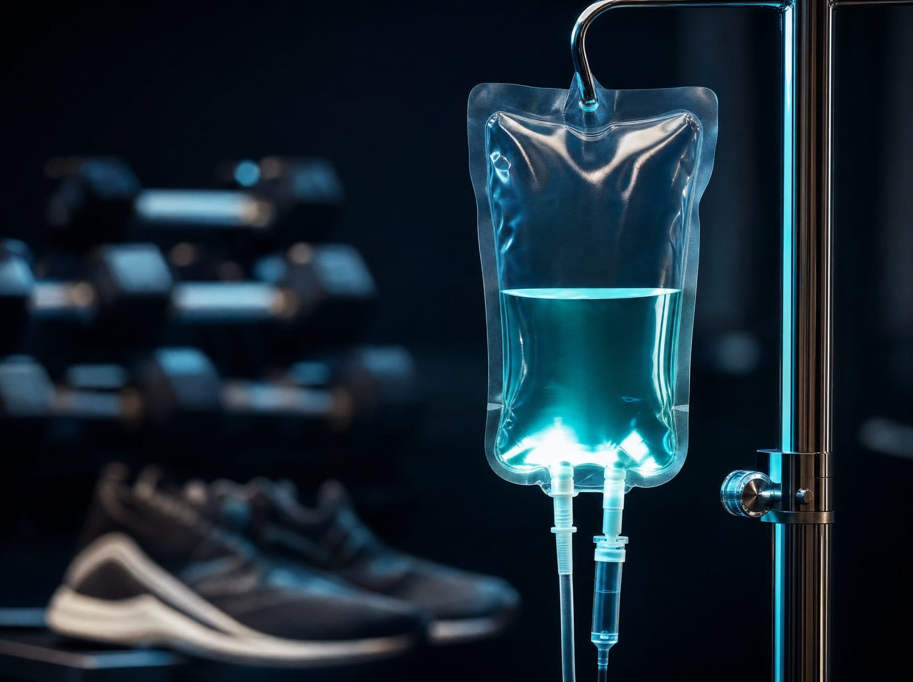 Teal-lit IV drip bag with training gear blurred in the background