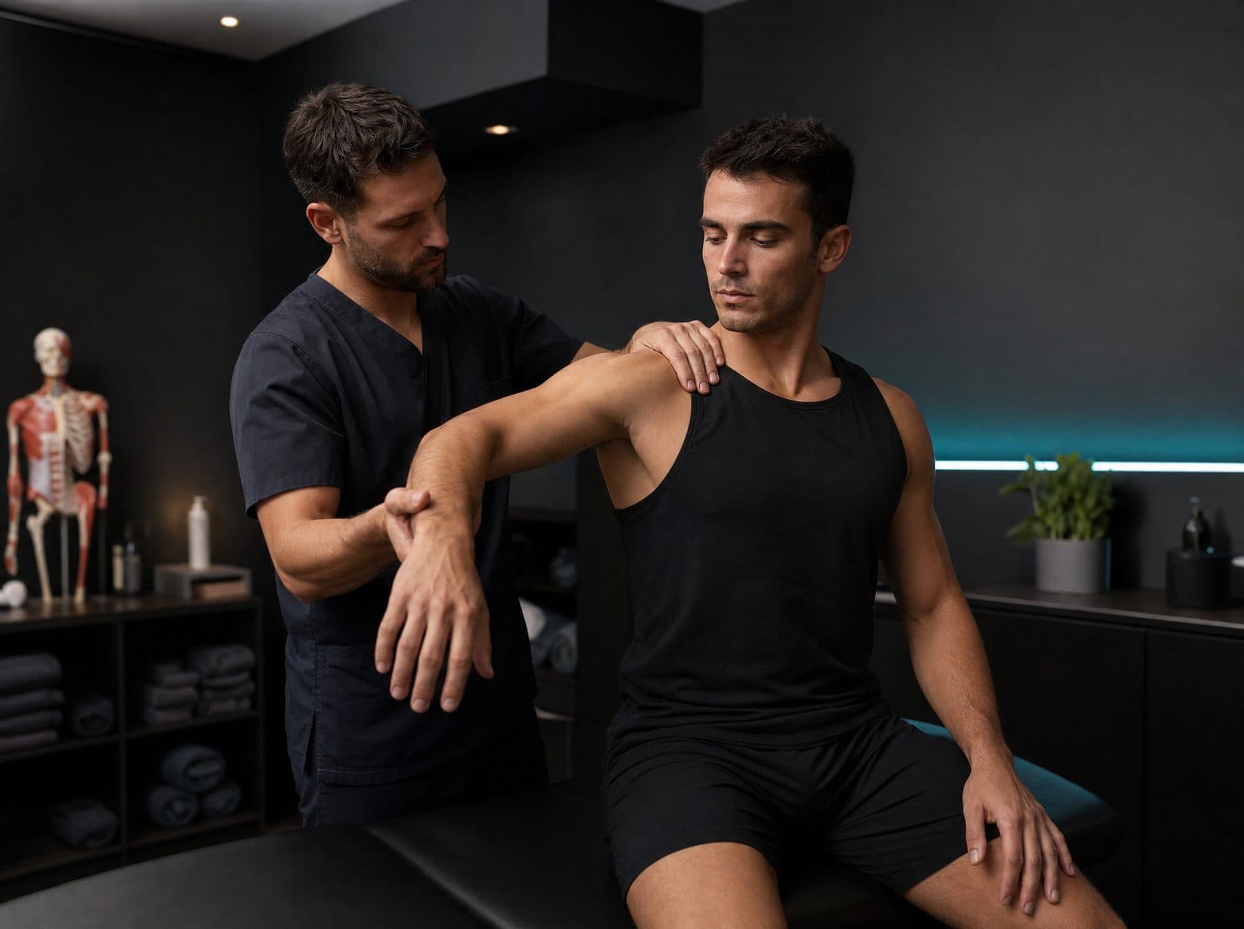 Sports medicine clinician assessing an athlete's shoulder mobility