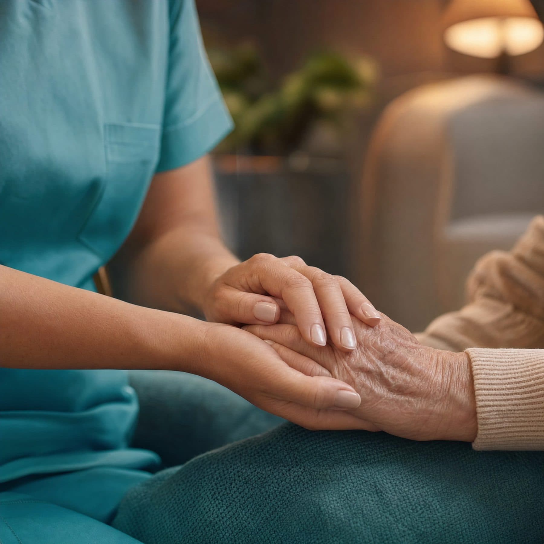 A nurse gently holding a client's hand in a calm treatment lounge