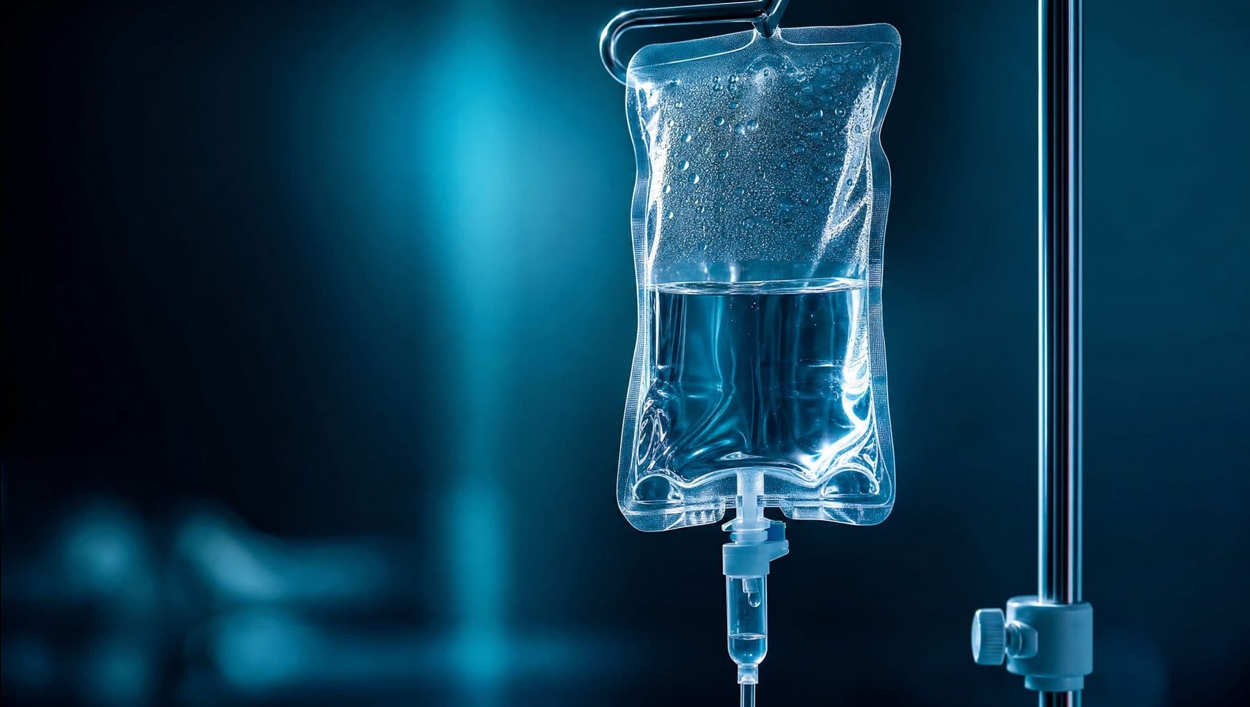 Crystal-clear IV fluid bag with condensation in cool blue light
