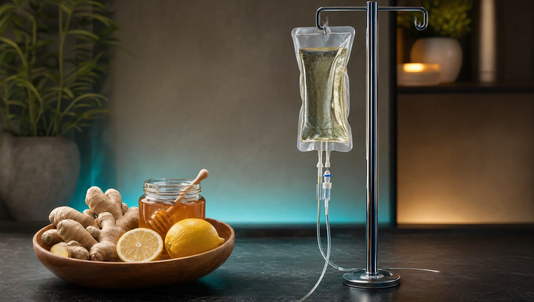 IV drip bag beside fresh ginger, lemon, and honey on a dark counter