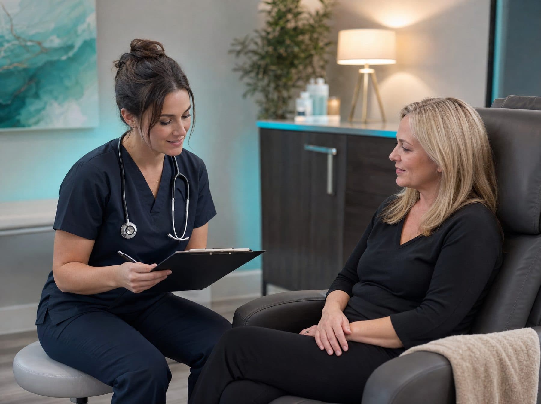 Nurse reviewing a symptom checklist with a seated client