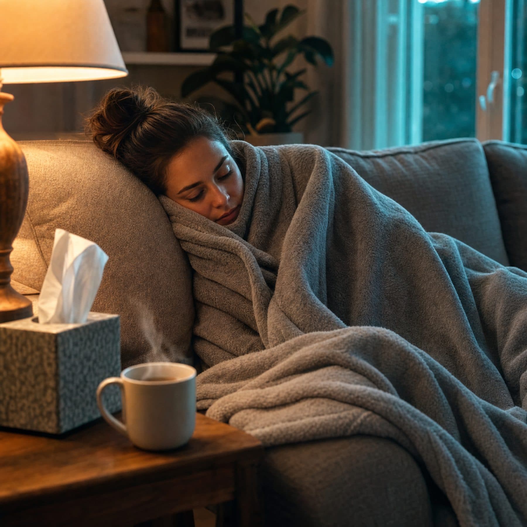 Person resting under a blanket with hot tea while recovering from a cold