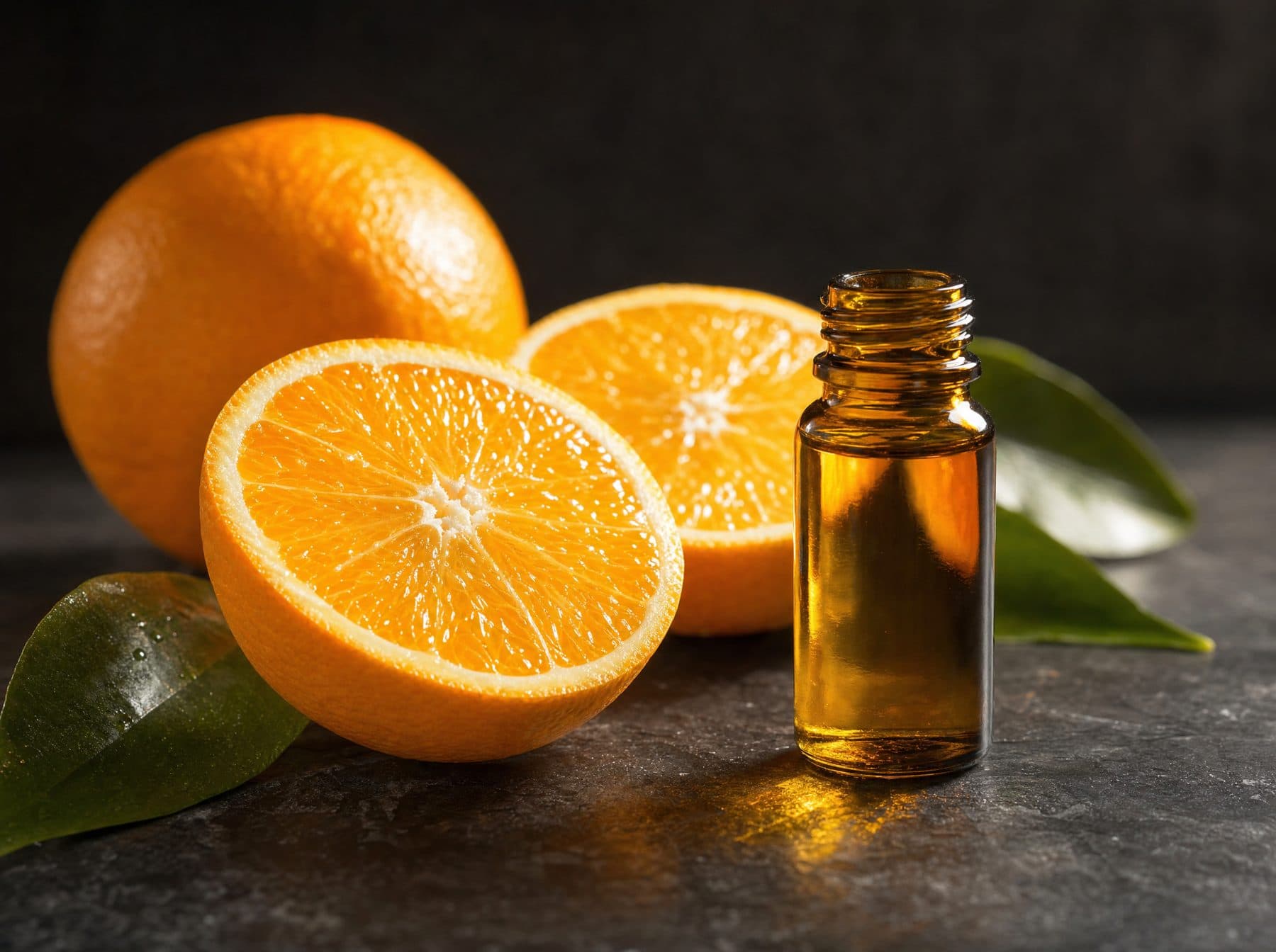 Halved oranges beside a golden vitamin C vial on dark stone