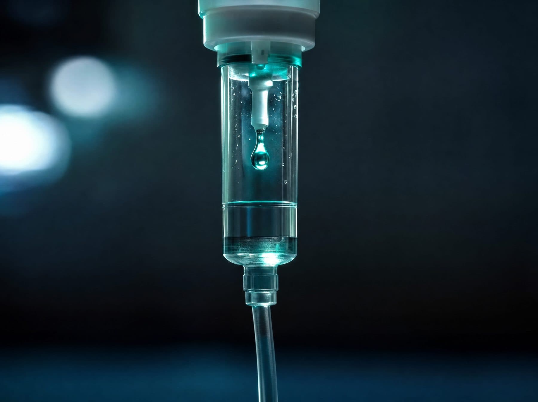 Macro of an IV drip chamber with a falling droplet in teal light