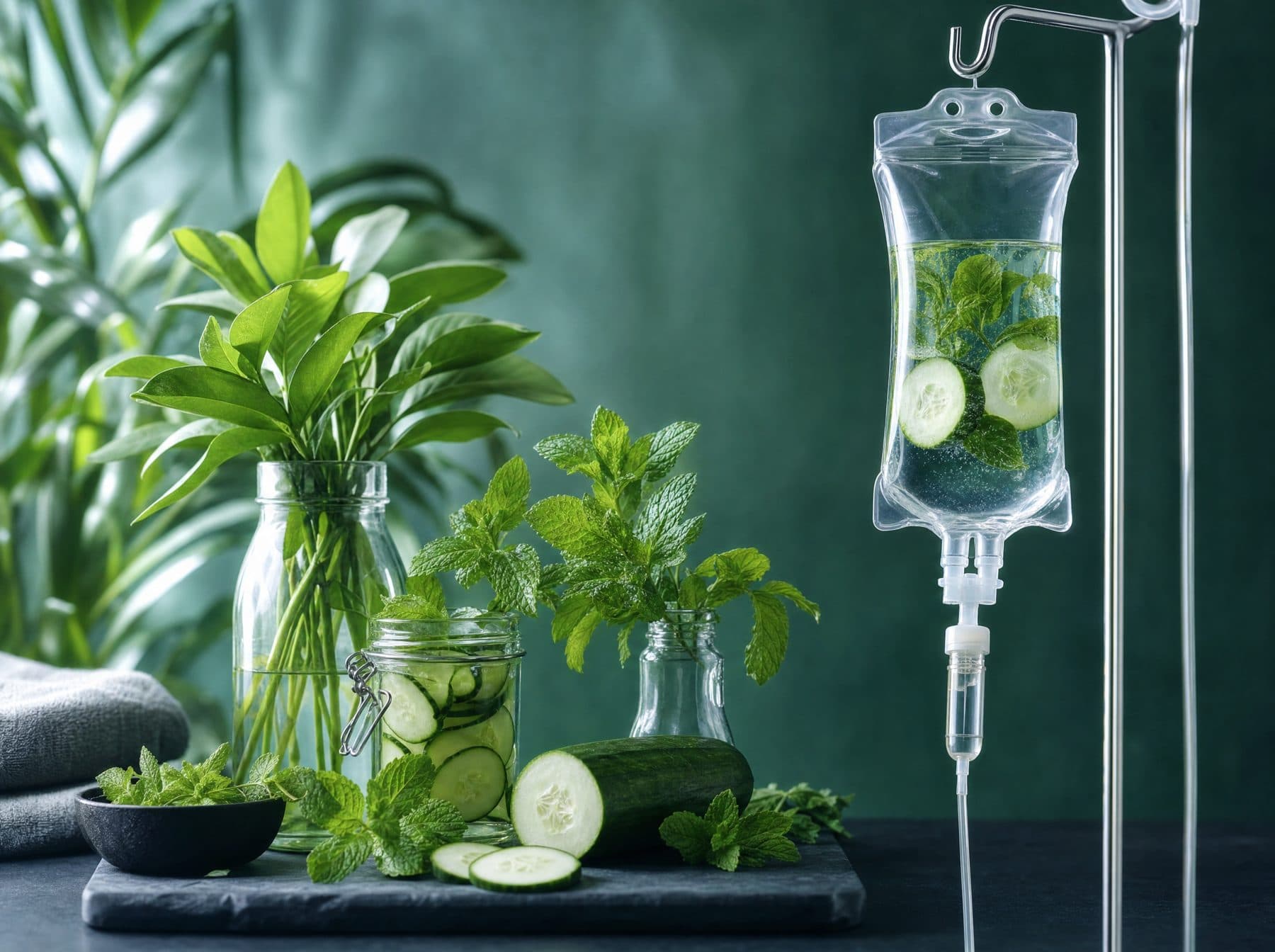 IV bag beside fresh green botanicals, cucumber, and mint