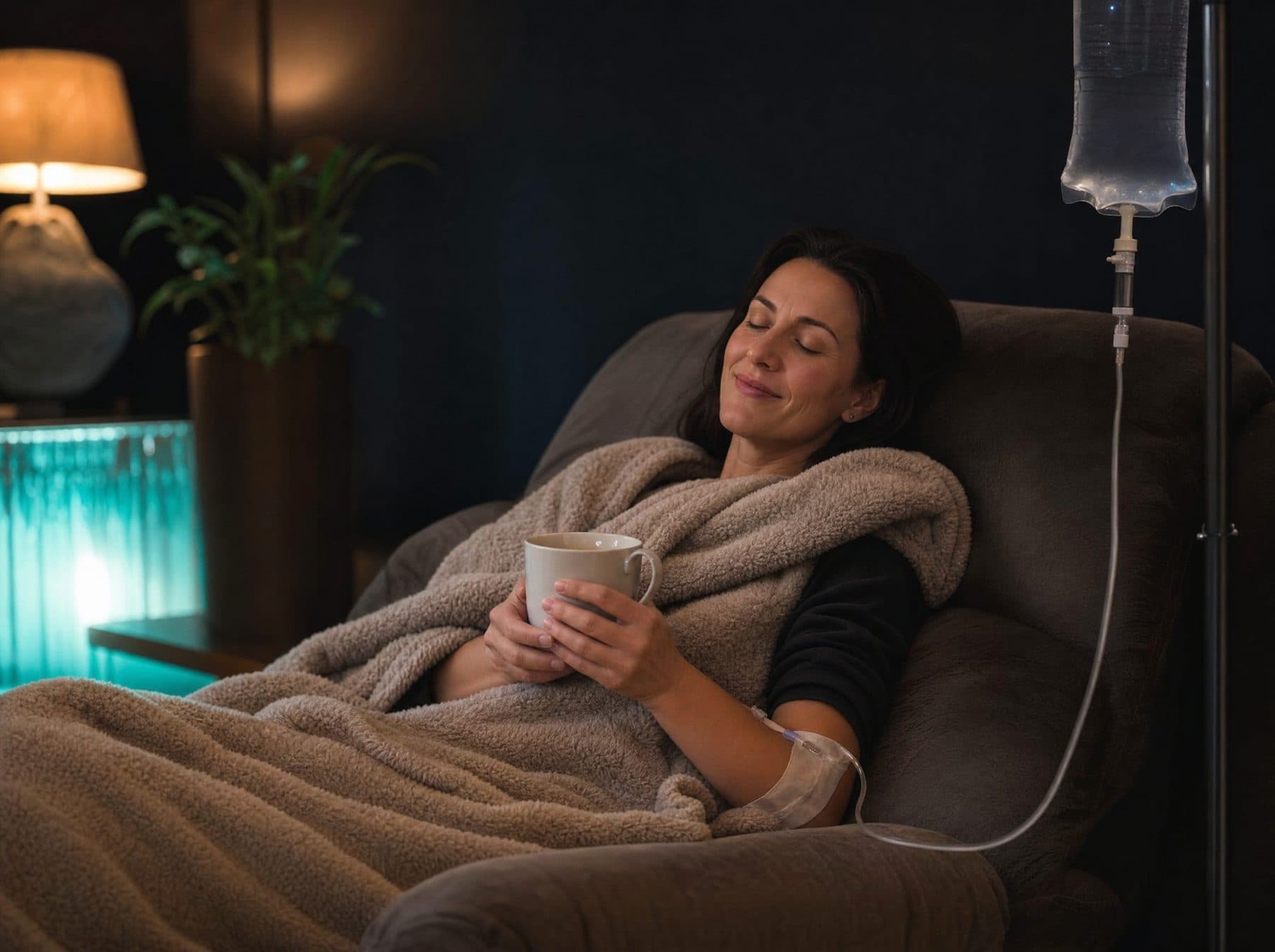 Client resting under a blanket with warm tea during an IV treatment