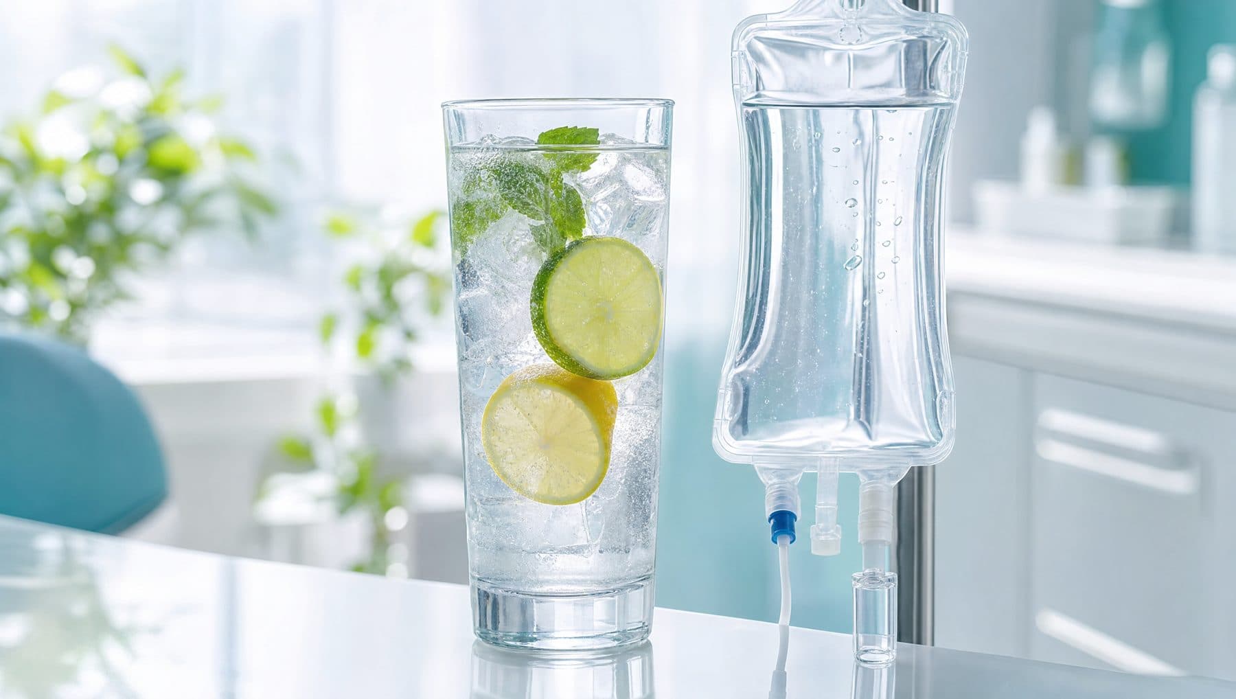Glass of citrus water beside a clear IV fluid bag in daylight
