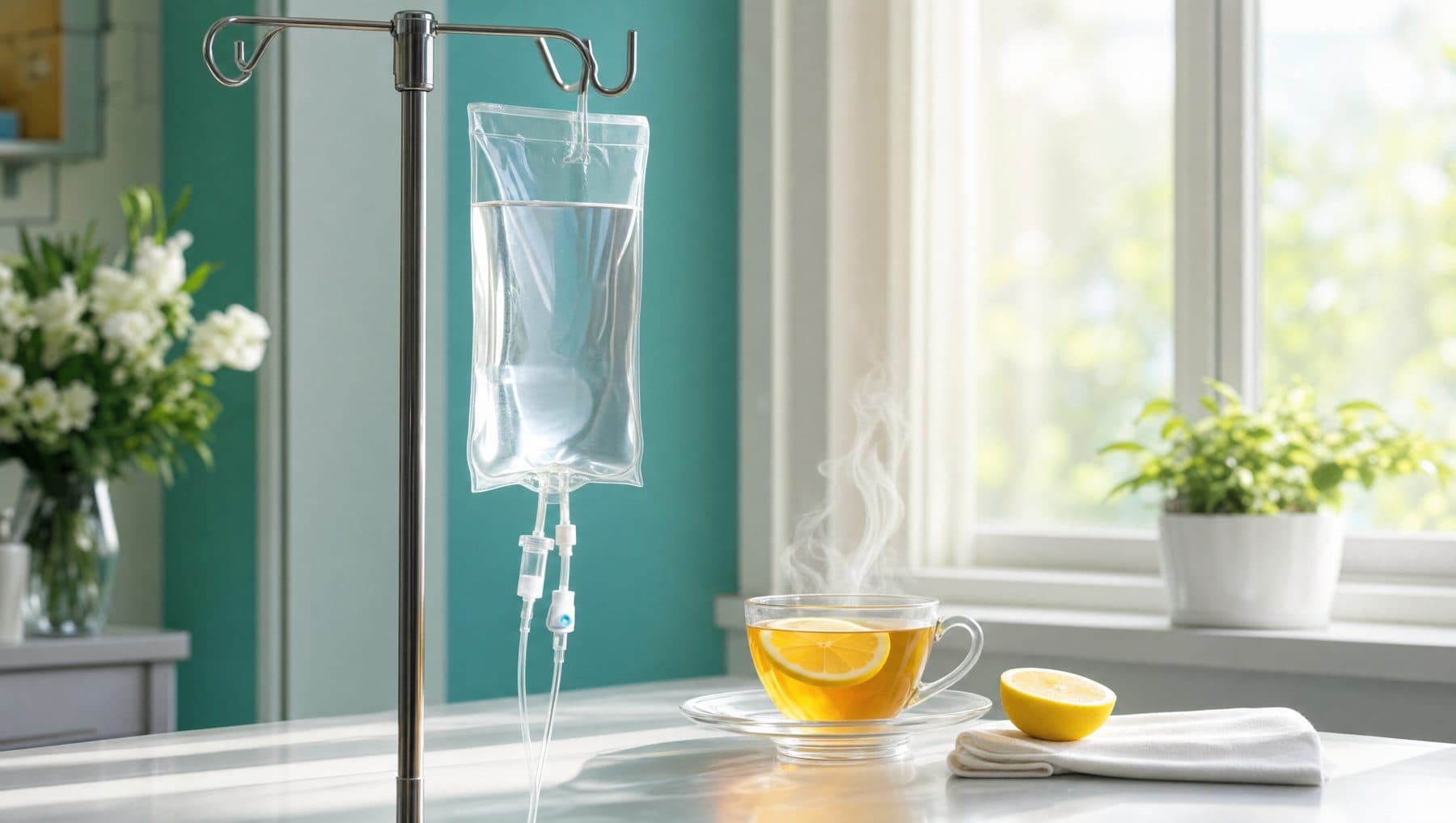 IV drip bag beside a steaming cup of lemon tea in morning light