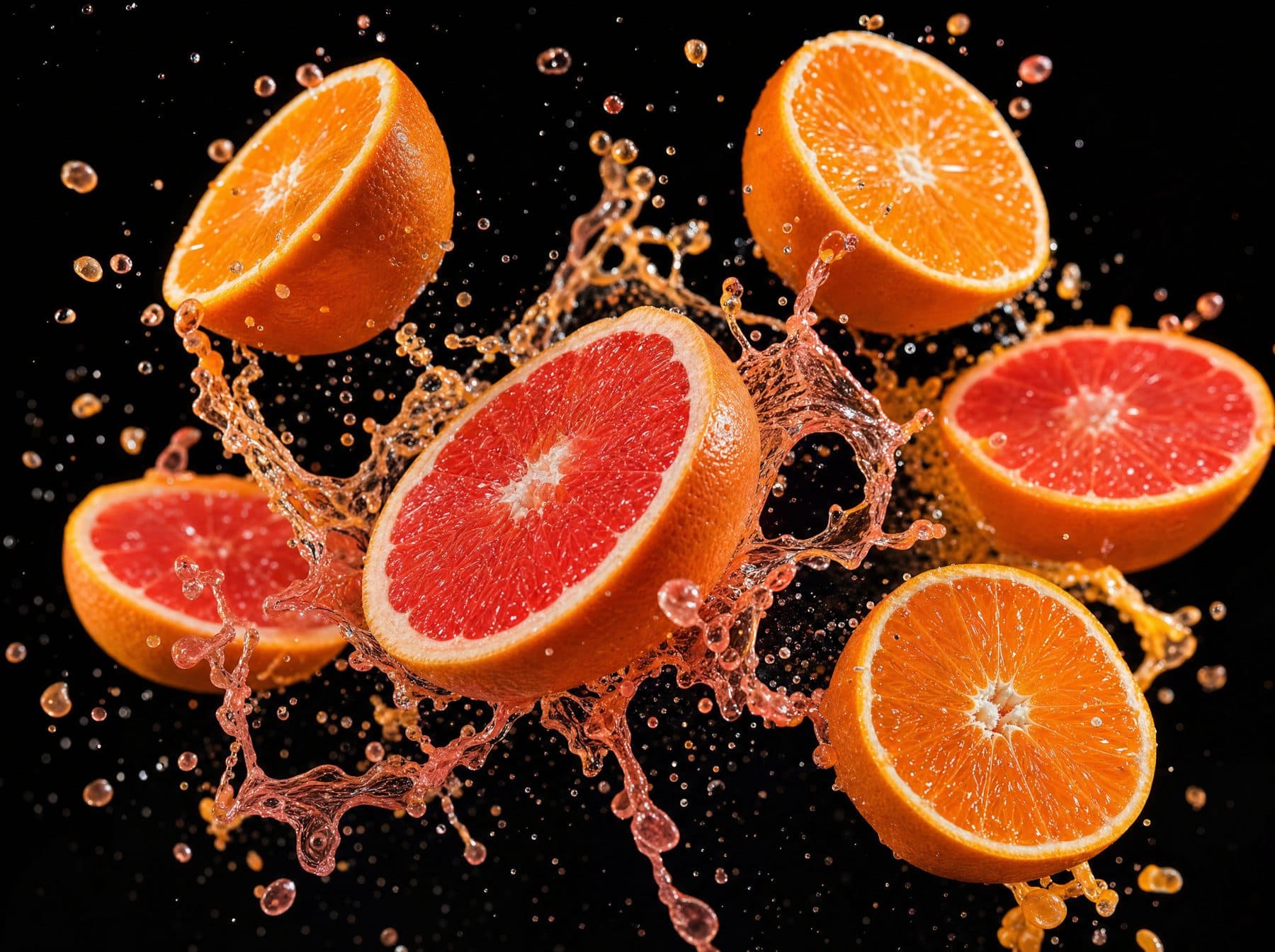 Vibrant grapefruit and orange halves with juice mid-splash