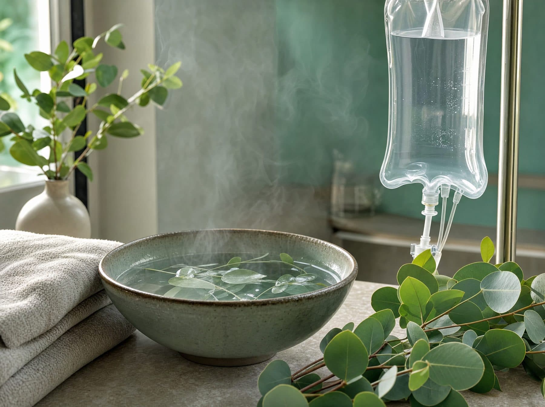 Steaming bowl with eucalyptus sprigs beside an IV bag on a spa counter