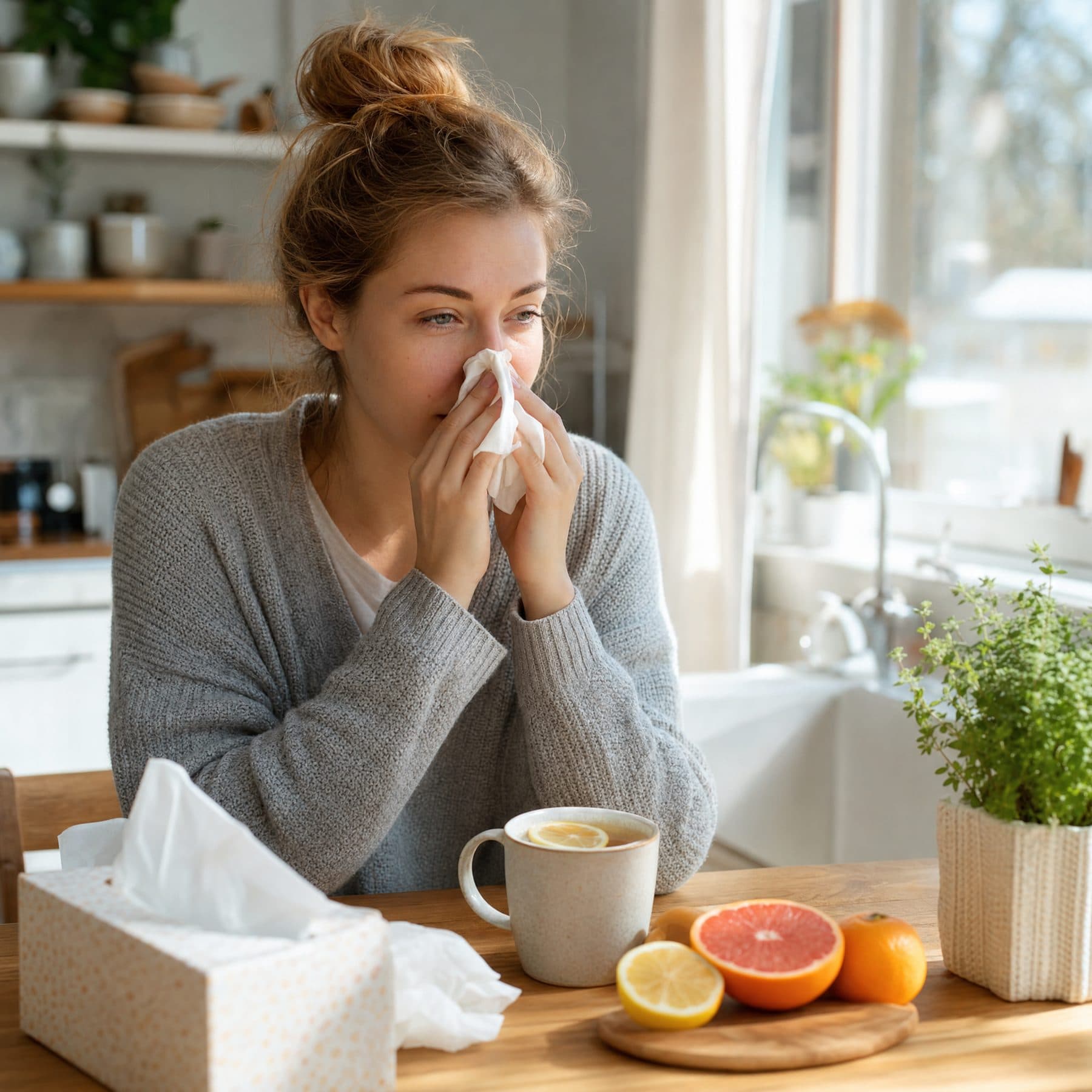 Person with a cold sitting at a bright kitchen table with tea and tissues