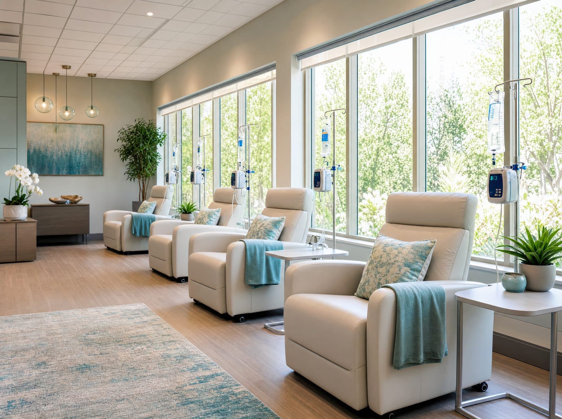 Bright, airy wellness lounge with recliners by large windows