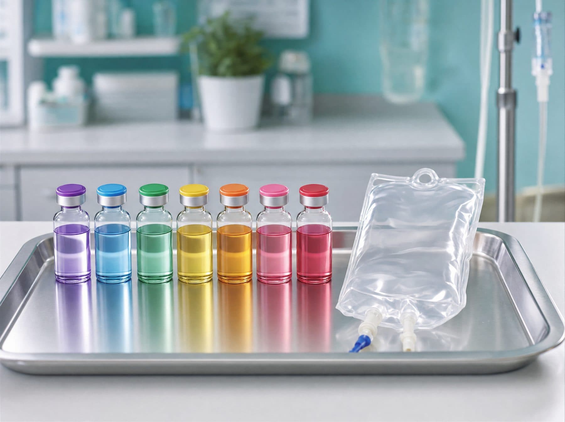 Row of vitamin vials on a tray beside an IV bag ready to fill