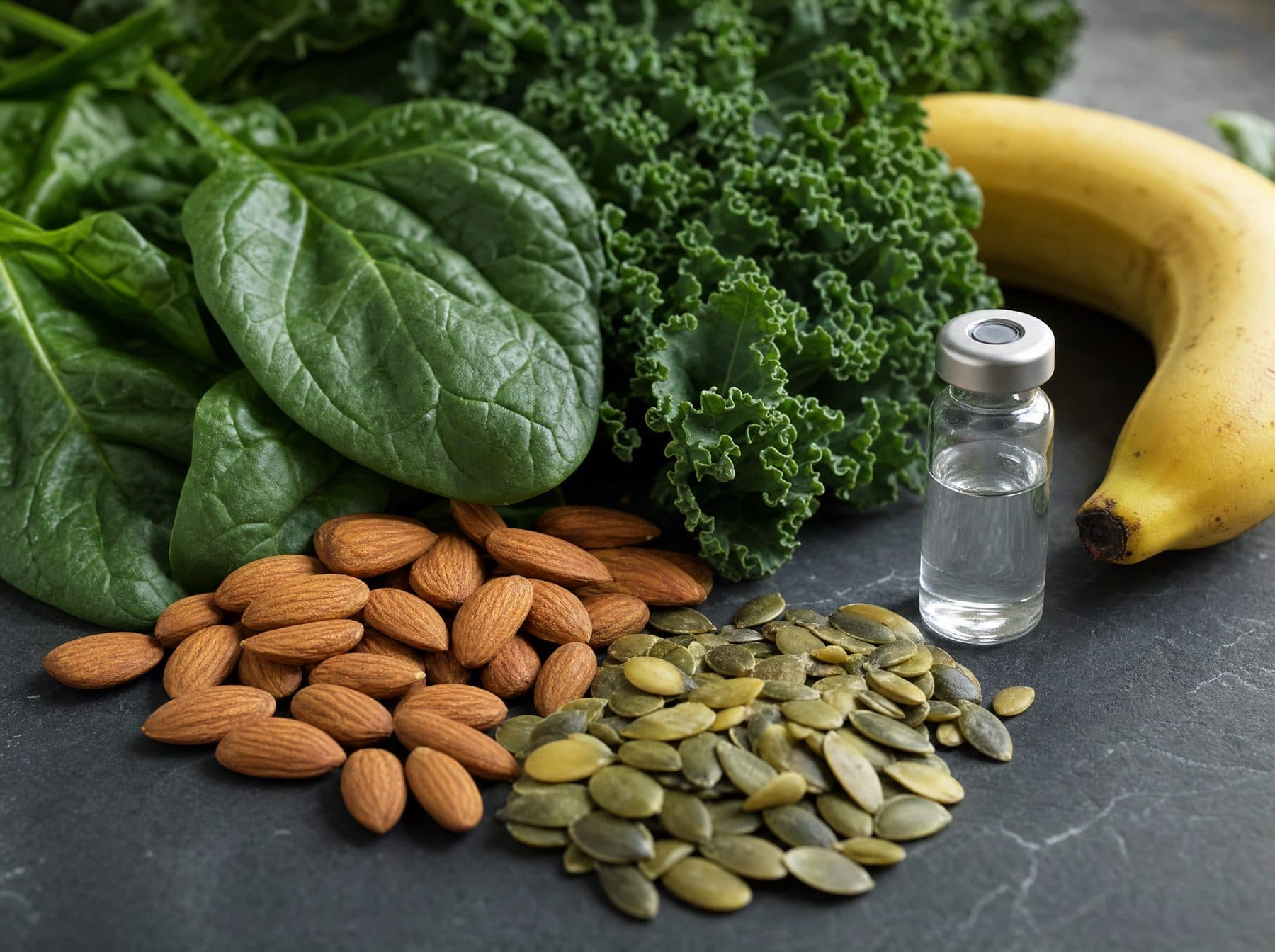 Magnesium-rich foods beside a medical vial on slate