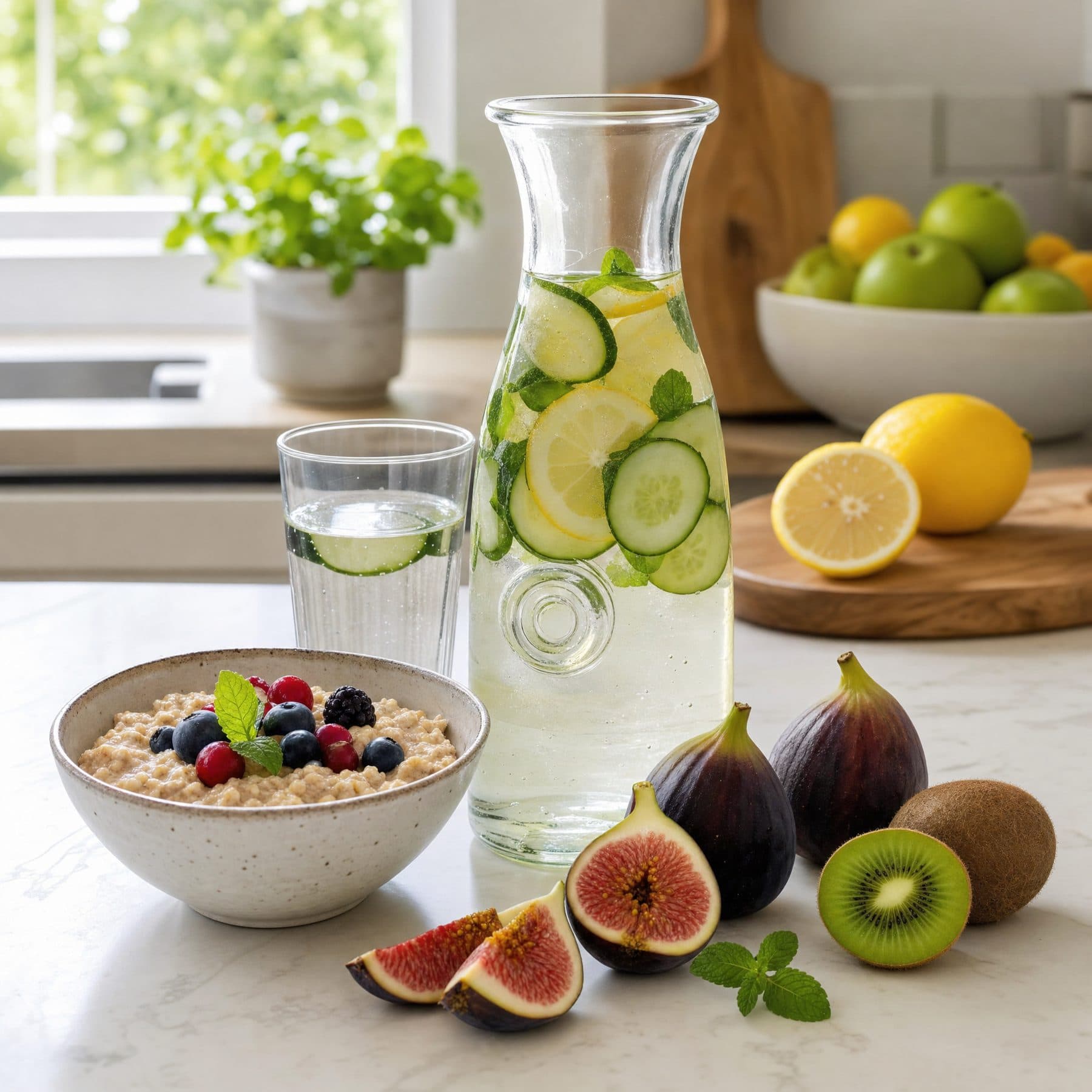 Fresh lemon cucumber water, figs, and oats on a bright kitchen counter