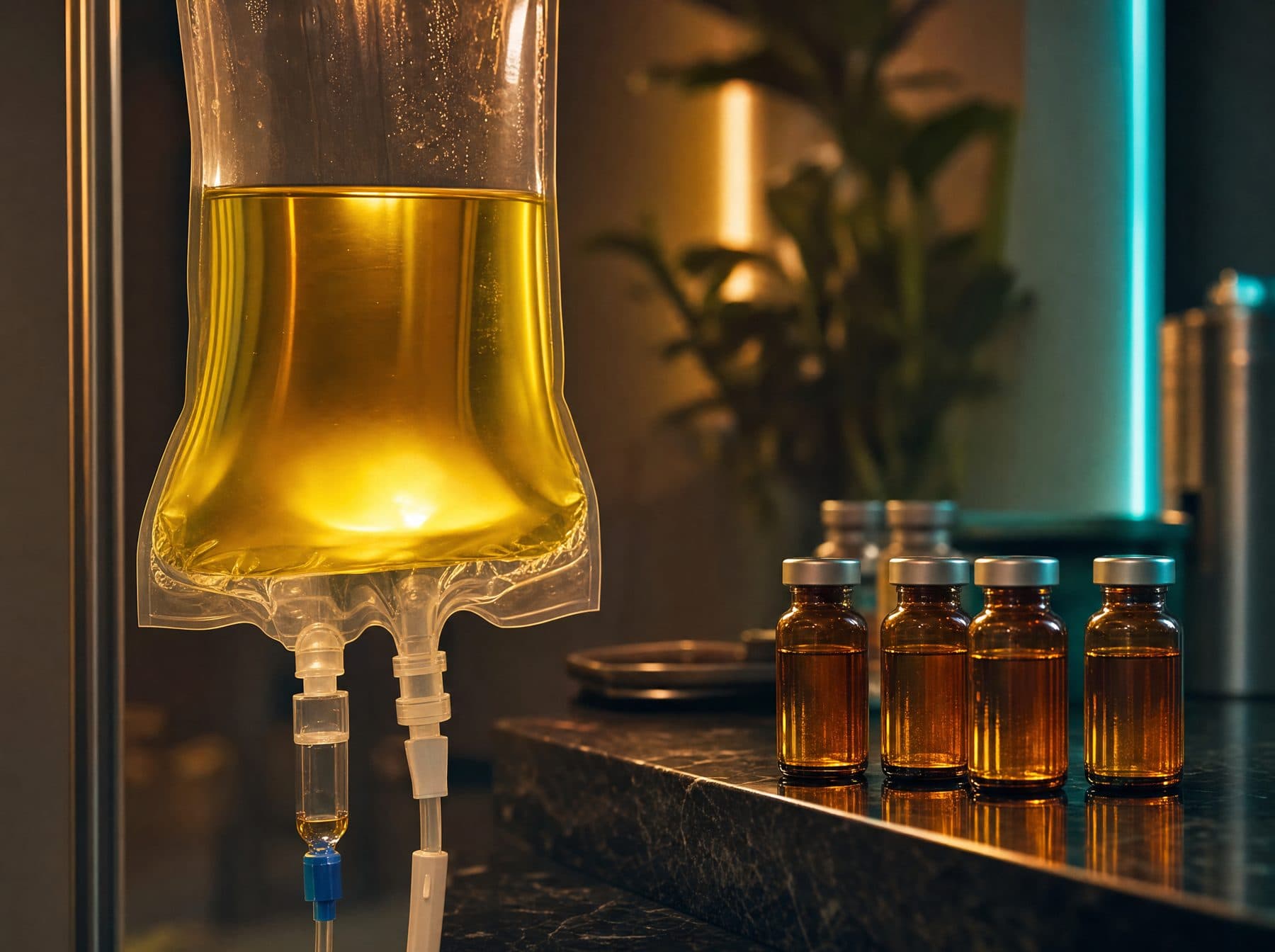 Golden vitamin IV fluid beside amber amino acid vials