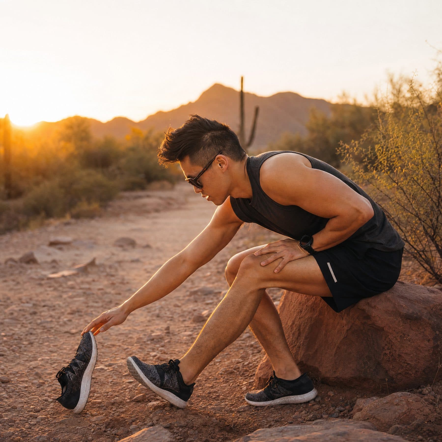 Runner paused on a desert trail stretching a tight calf muscle