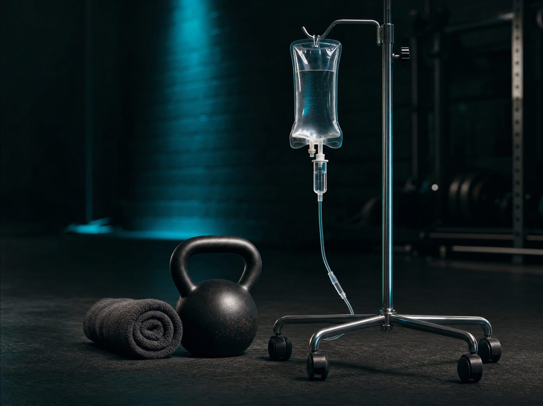Kettlebell and gym towel beside an IV drip stand