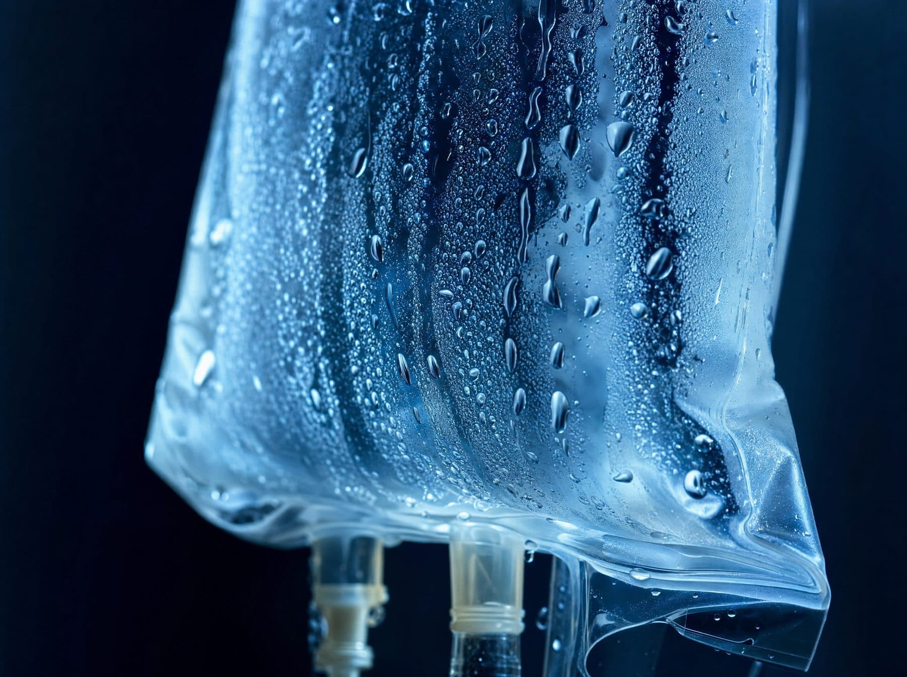 Condensation droplets running down a clear IV fluid bag