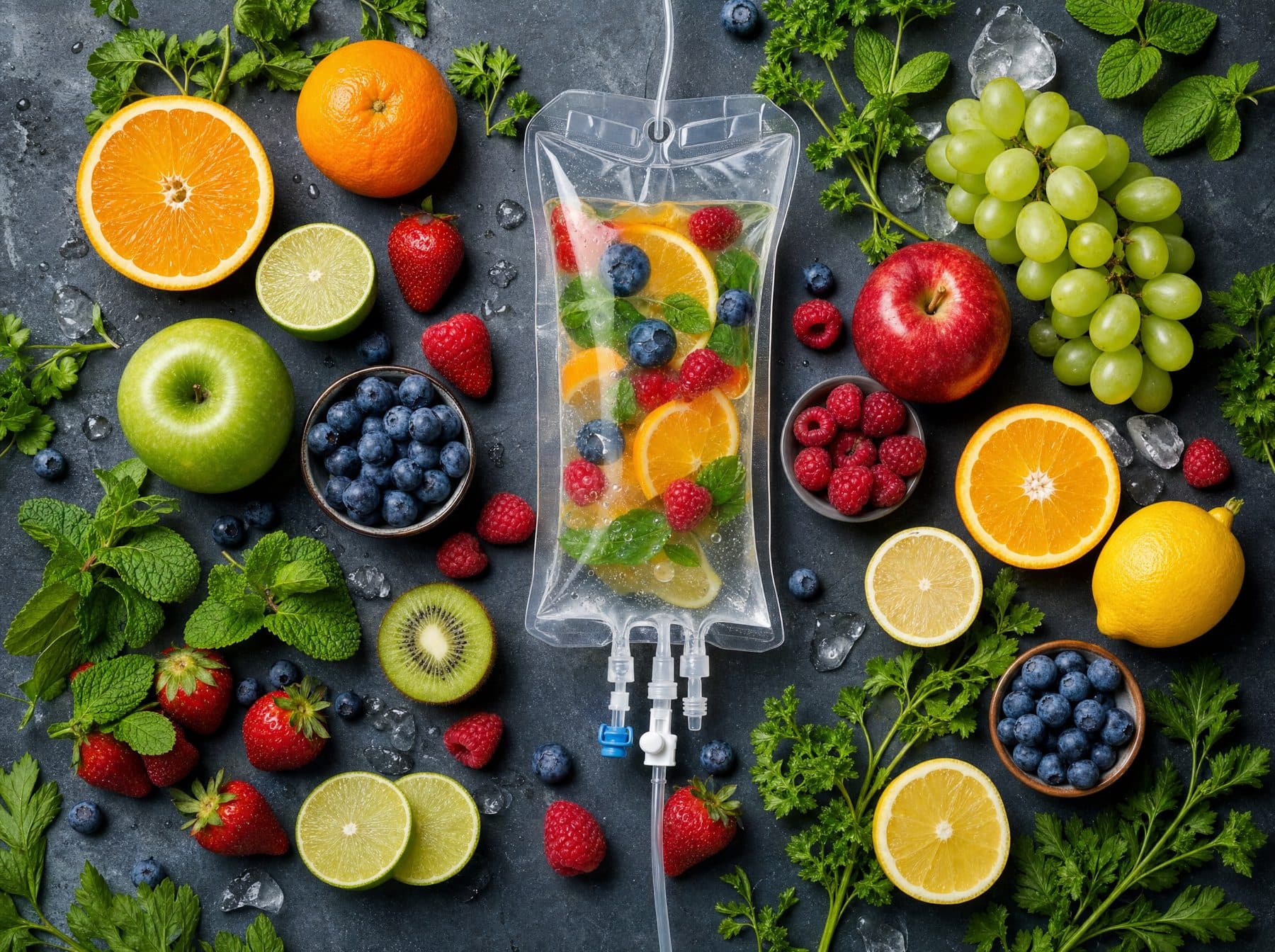 IV bag surrounded by colorful fresh fruit and herbs from above