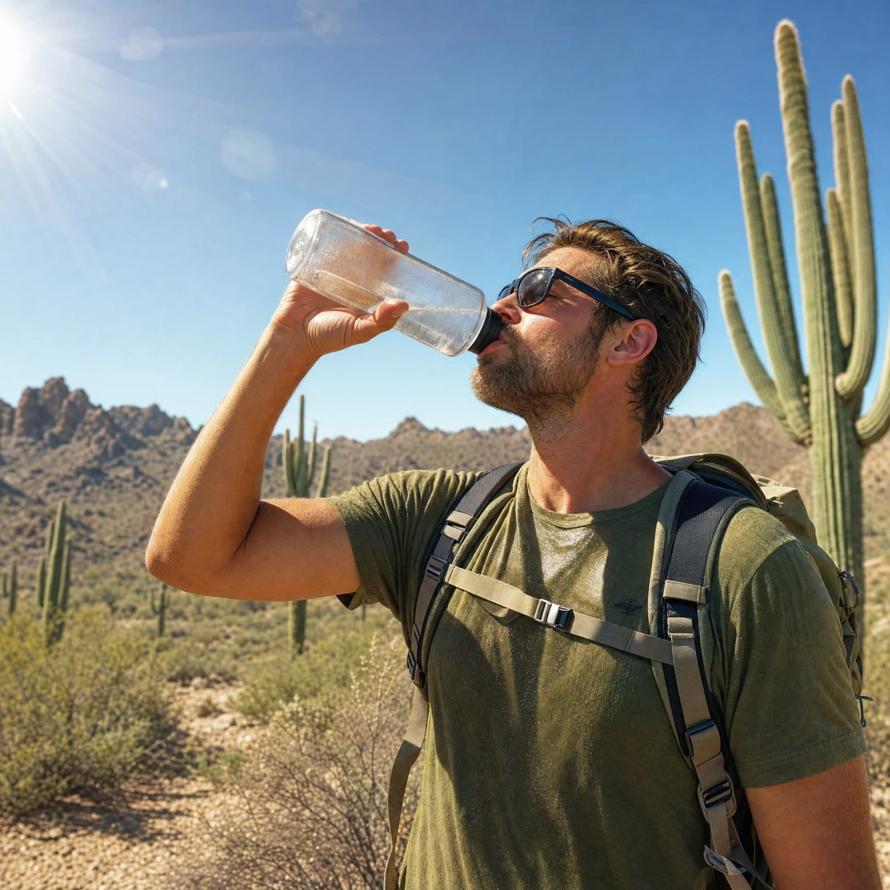 Hiker drinking deeply from a water bottle in the Arizona desert heat