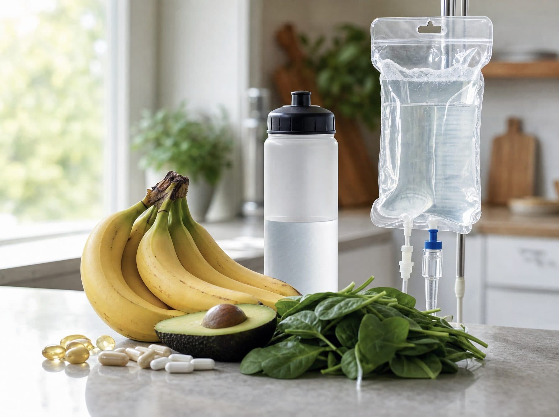 Electrolyte-rich foods and supplements beside a sports bottle and IV bag