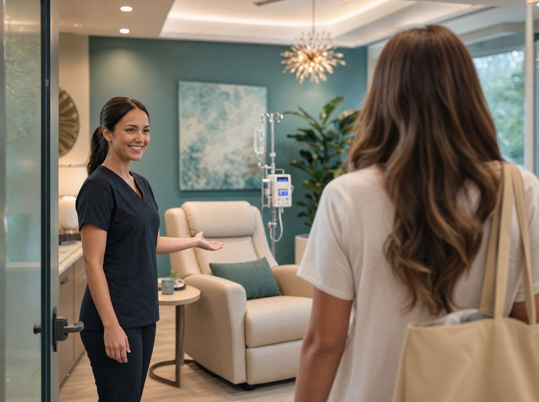 Nurse welcoming a client into the serene teal-lit IV lounge
