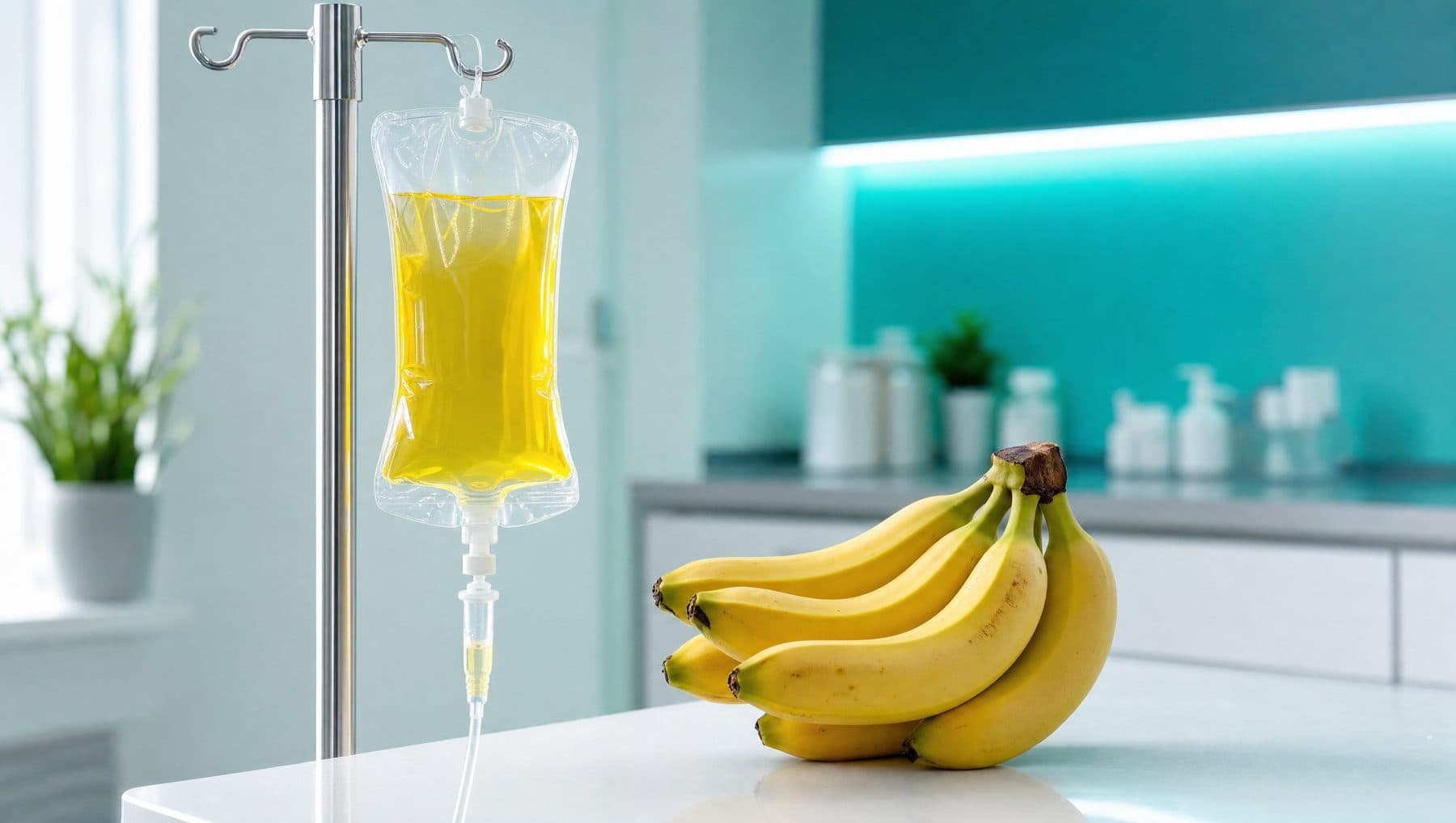 Yellow-tinted Banana Bag IV beside fresh bananas on a clinical counter