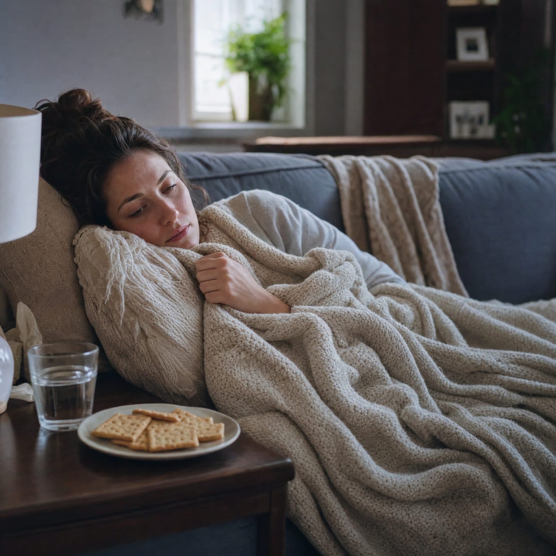 Person resting on a couch under a blanket with water and crackers nearby