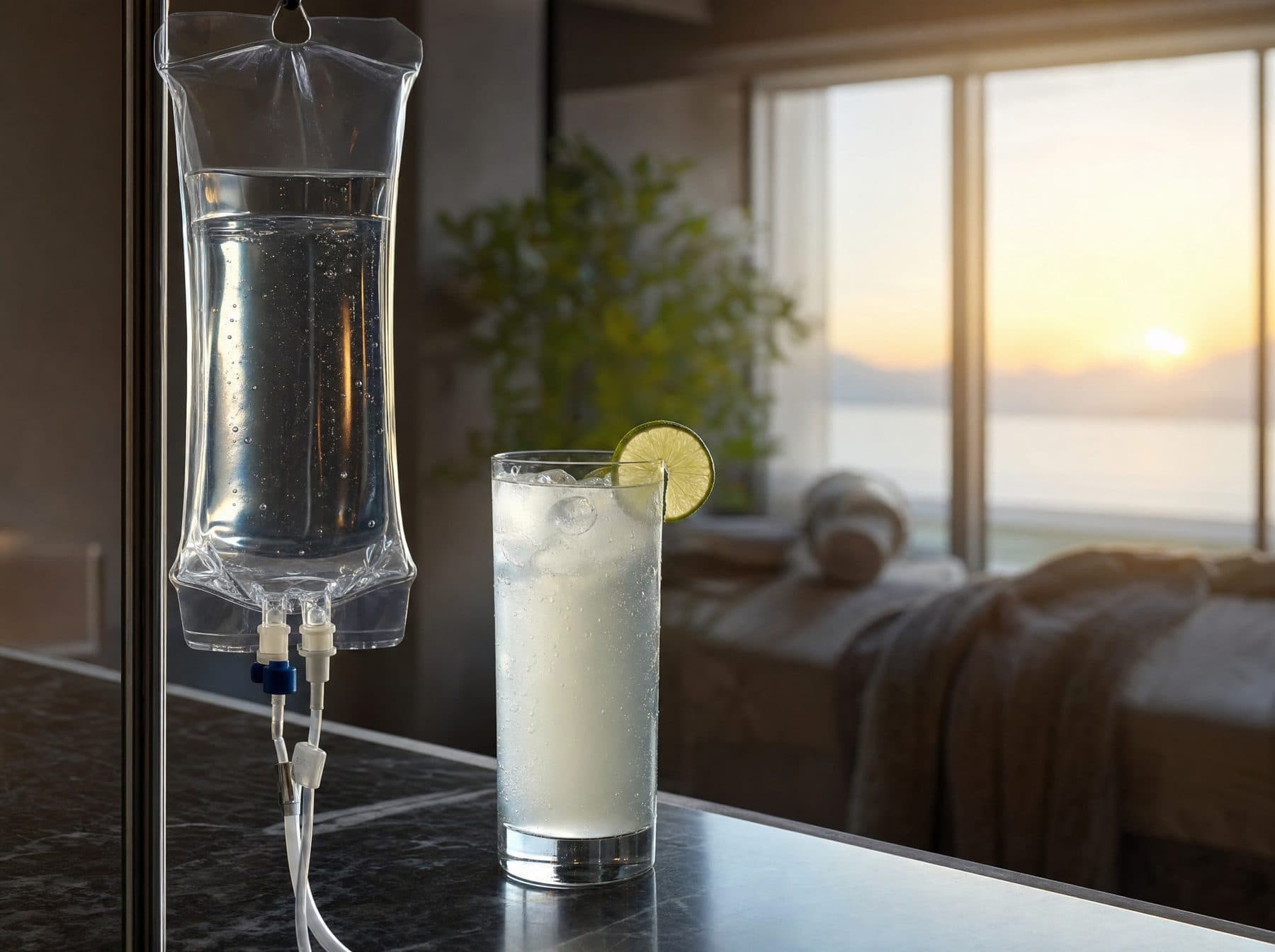 IV drip bag beside an electrolyte drink in soft morning light