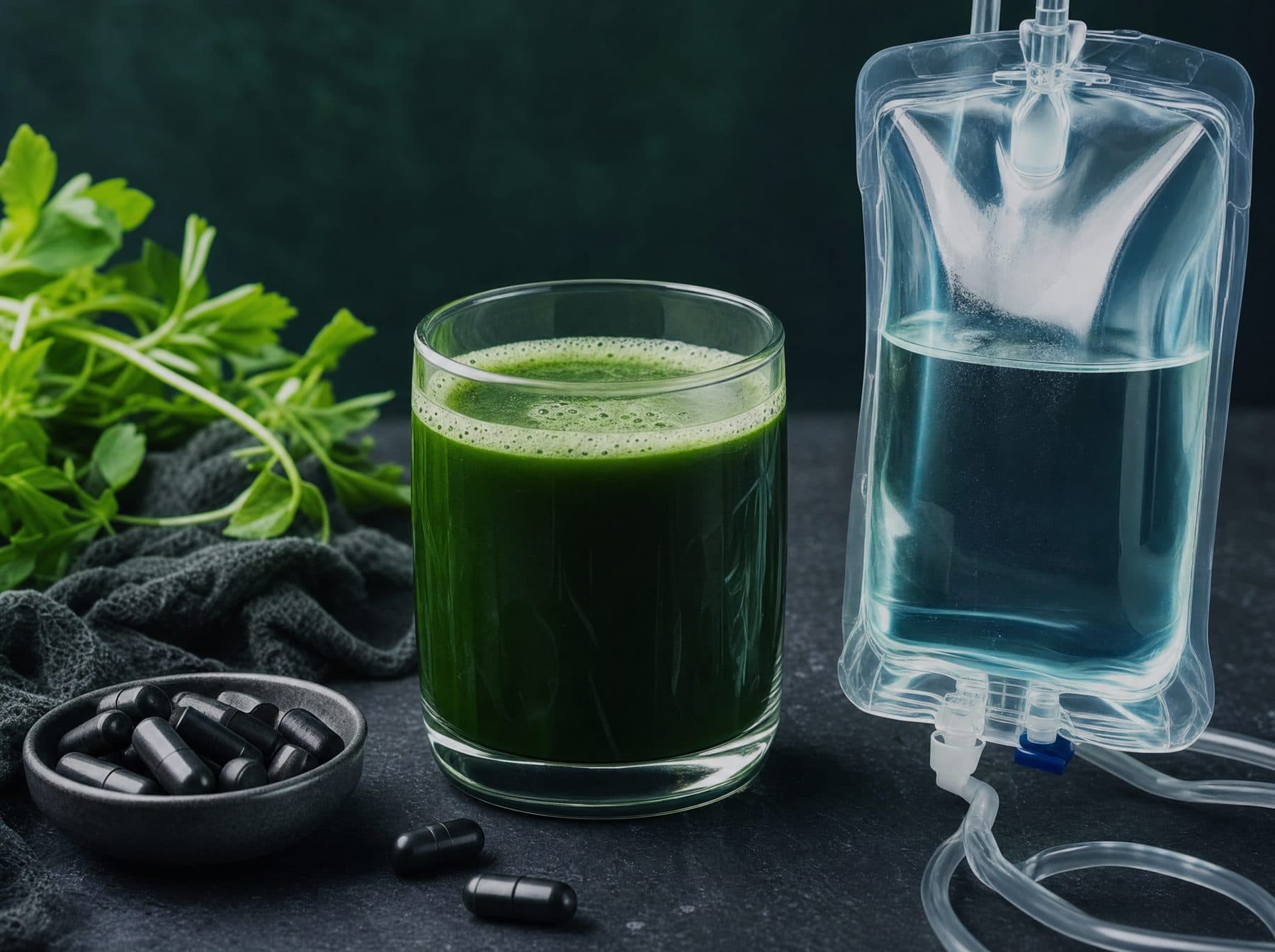 Green juice and charcoal capsules beside an IV bag on dark stone