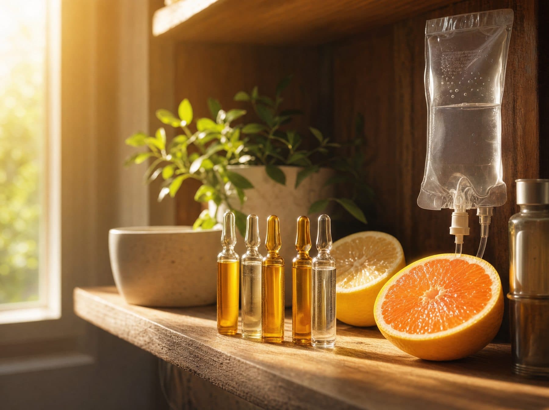 B-vitamin ampoules and citrus in warm window light
