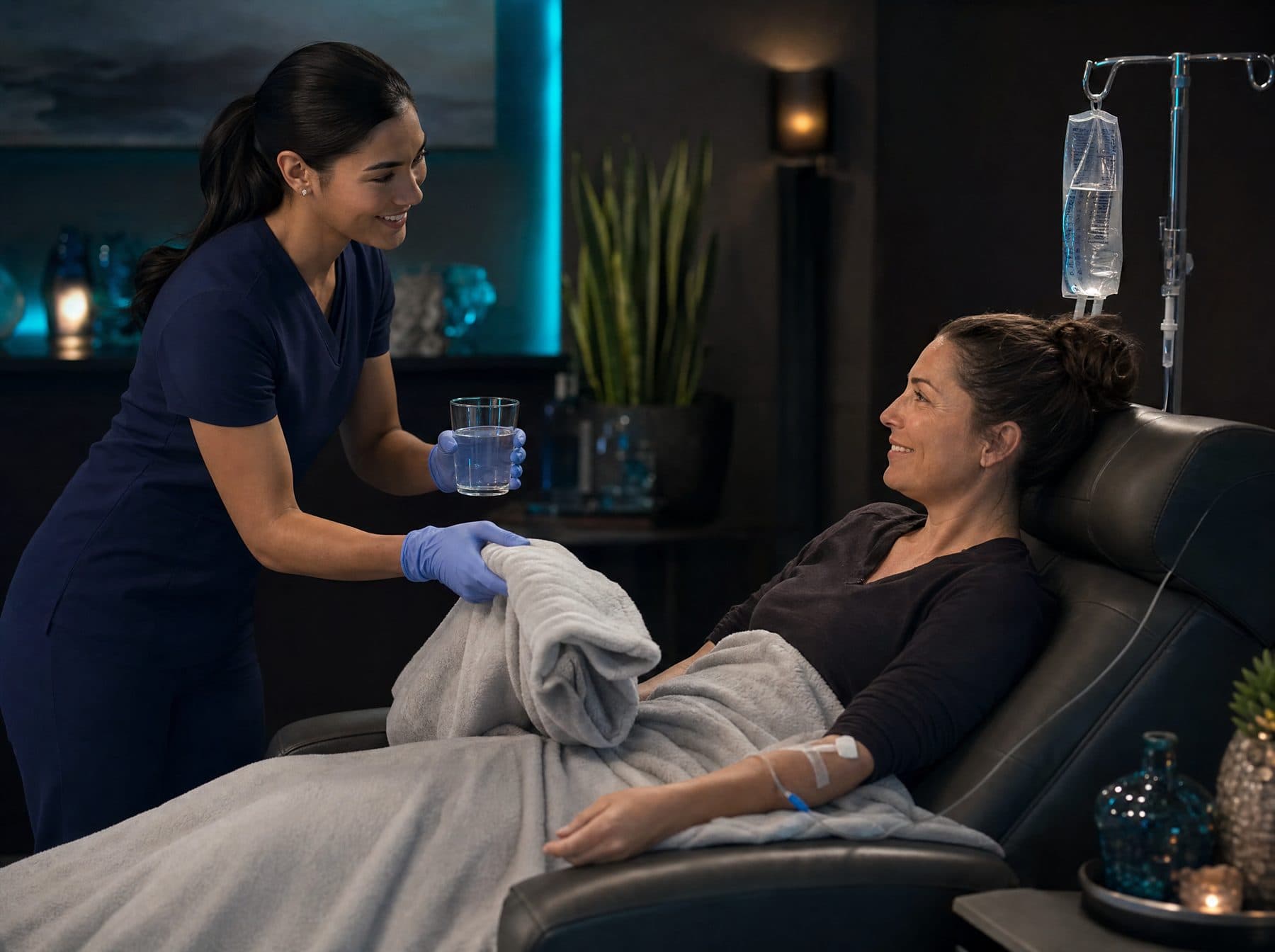 Nurse handing a blanket and water to a reclining client during treatment