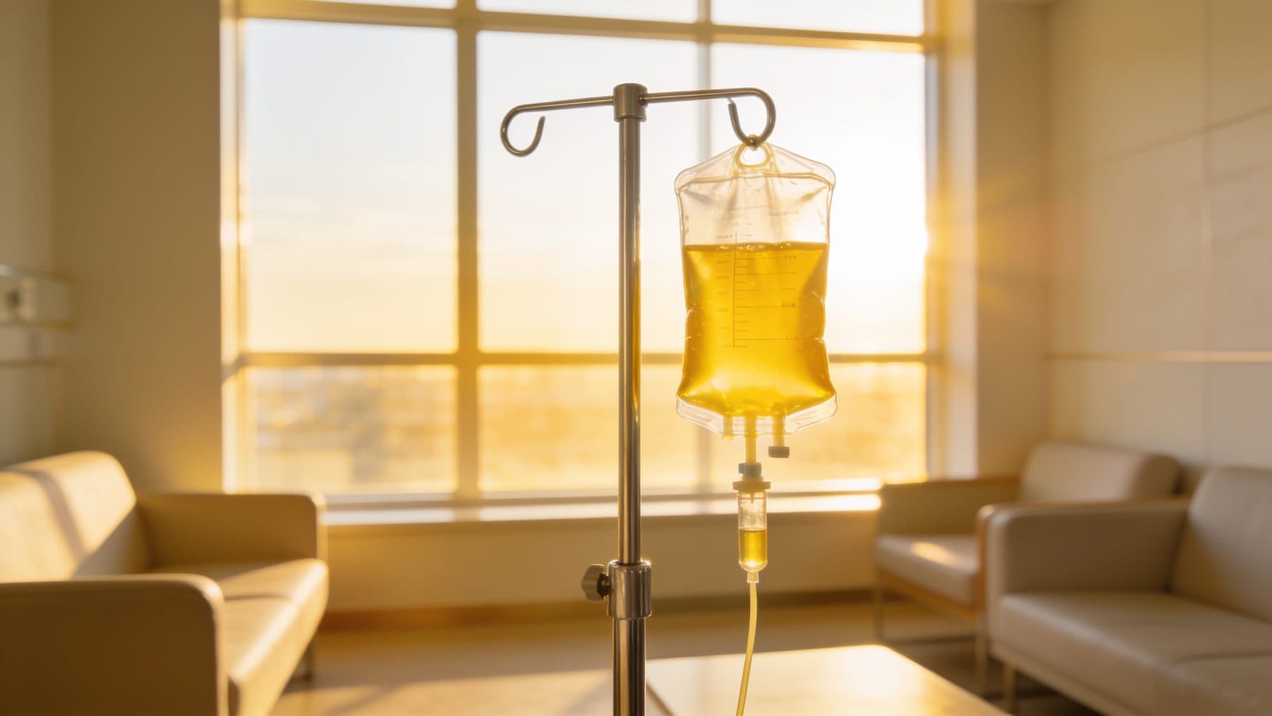 Yellow vitamin IV bag in front of a bright morning window