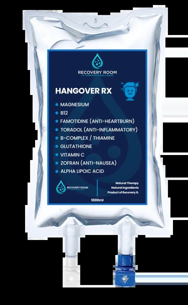 The Recovery Room Hangover Rx IV bag with its ingredient label